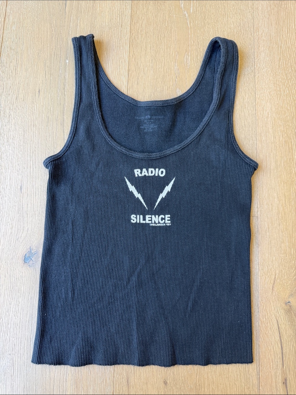 Brandy Melville Black Ribbed Tank with Cream 'Radio Silence' Graphic